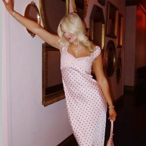 Thirty/Thirty Pink Polka Dot Lace Midi Dress –NWT-L- Balletcore Coquette Cottage